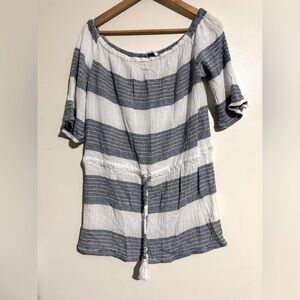 Blue Island Striped Off-Shoulder Cover up Top Blue and White XL